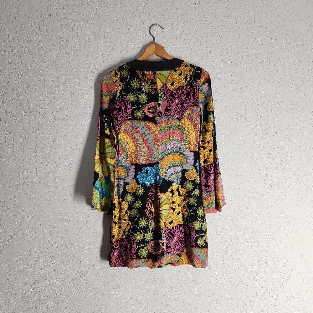Trina Turk Silk Mini Dress Retro colorful print Bell Sleeve size 0 - Picture 3 of 11